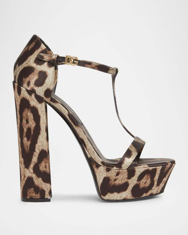 Keira Leopard Satin T-Strap Platform Sandals